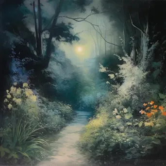 Night garden with glowing flowers and moonlit path - Image 4