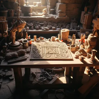 High-angle view of intricate stone carvings on a work table - Image 2