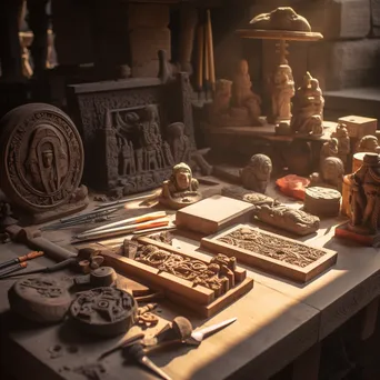 High-angle view of intricate stone carvings on a work table - Image 3