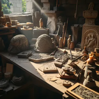 High-angle view of intricate stone carvings on a work table - Image 4