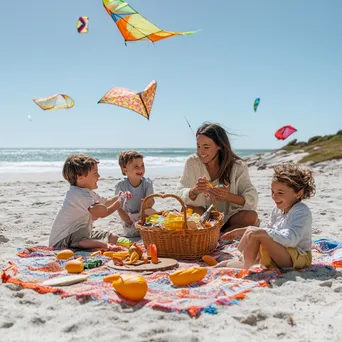 Family picnic with a colorful blanket and kids flying kites on the beach. - Image 2