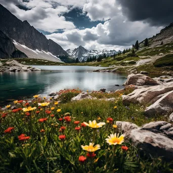 Alpine lake bordered by rocky cliffs and wildflowers in spring - Image 3