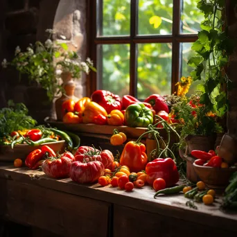 Colorful organic vegetables on a rustic wooden table illuminated by natural sunlight. - Image 1