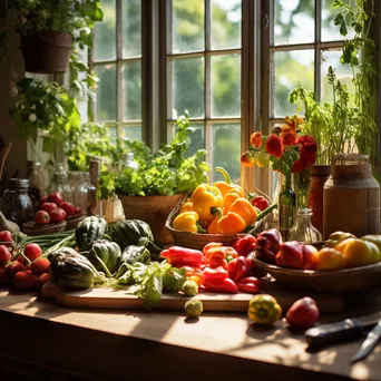 Colorful organic vegetables on a rustic wooden table illuminated by natural sunlight. - Image 2