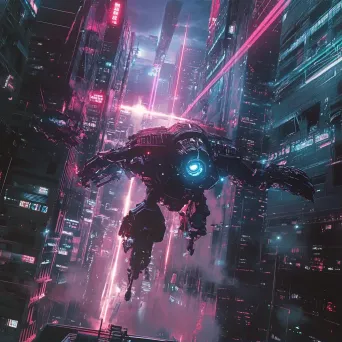 Anime-style robot uprising in a future city with dynamic light effects - Image 1