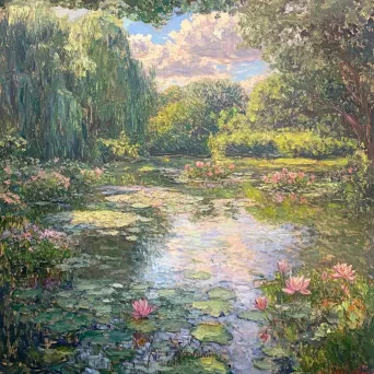 Impressionist oil painting of a tranquil community garden with a lotus pond - Image 1