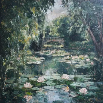 Impressionist oil painting of a tranquil community garden with a lotus pond - Image 3