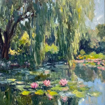 Impressionist oil painting of a tranquil community garden with a lotus pond - Image 4