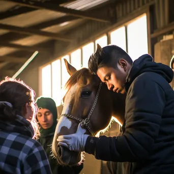 Rescue worker nurturing a horse with volunteers in a stable. - Image 1