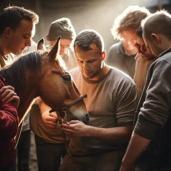 Rescue worker nurturing a horse with volunteers in a stable. - Image 3