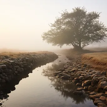 Dry stone wall next to a foggy river in the morning. - Image 4