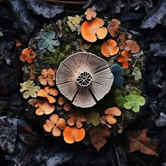 Overhead shot of an ancient tree stump with colorful mushrooms - Image 1