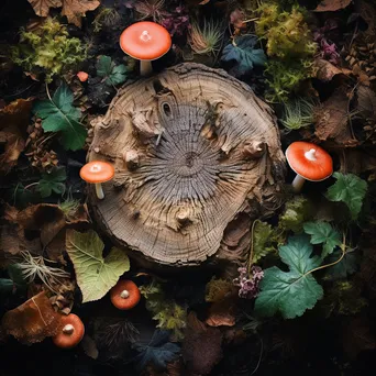 Overhead shot of an ancient tree stump with colorful mushrooms - Image 3