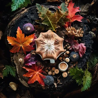 Overhead shot of an ancient tree stump with colorful mushrooms - Image 4