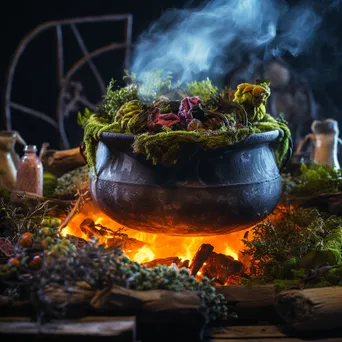 Bubbling dyeing pot surrounded by freshly harvested plants - Image 1