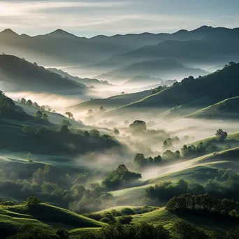 Morning mist covering a valley with rolling hills - Image 1