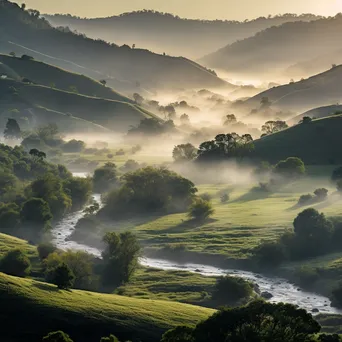 Morning mist covering a valley with rolling hills - Image 3