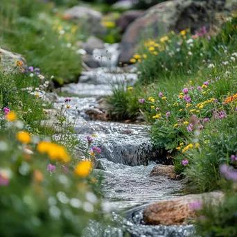 Close-up image of a mountain stream running through an alpine meadow. - Image 3