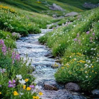 Close-up image of a mountain stream running through an alpine meadow. - Image 4