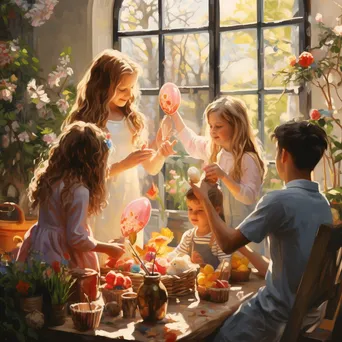 Families Painting Easter Eggs Together