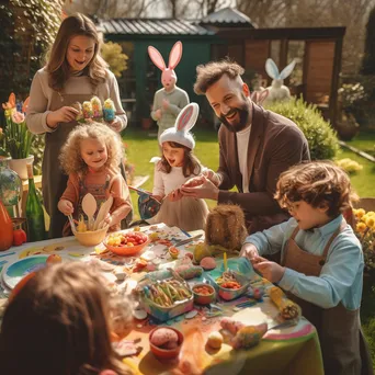 Families paint colorful Easter eggs in a bright garden - Image 3