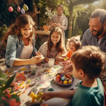 Families paint colorful Easter eggs in a bright garden - Image 4