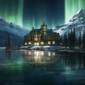 Ethereal palace on a reflective lake under northern lights - Image 1