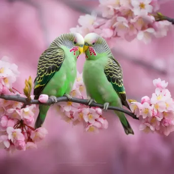 Parakeet pair grooming each other on a blooming cherry blossom tree branch - Image 3