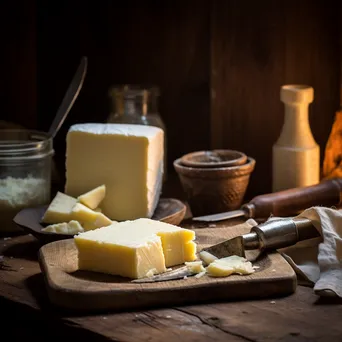 Traditional butter making tools on a rustic wooden table in a warm kitchen setting - Image 1