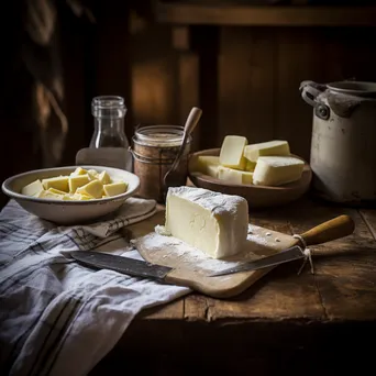 Traditional butter making tools on a rustic wooden table in a warm kitchen setting - Image 3