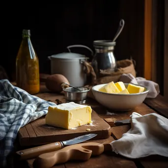 Traditional butter making tools on a rustic wooden table in a warm kitchen setting - Image 4