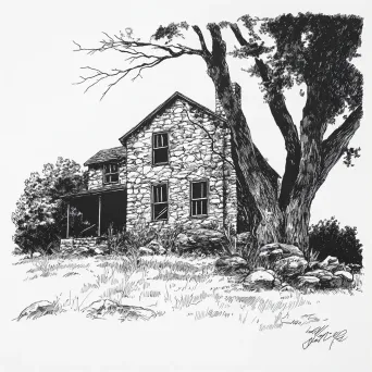 Ink drawing of an old, charming, and dilapidated stone farmhouse - Image 1