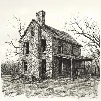 Ink drawing of an old, charming, and dilapidated stone farmhouse - Image 2