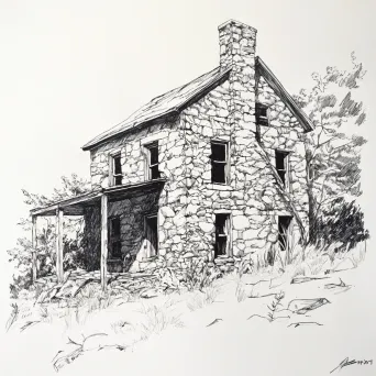 Old Stone Farmhouse Ink Drawing