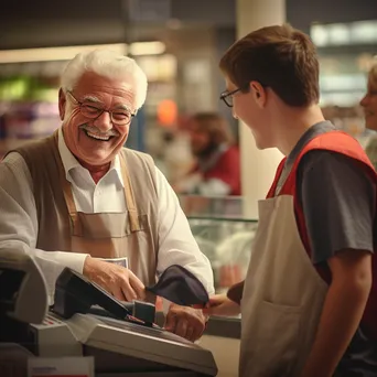 Cashier smiling while helping a senior customer with their purchase. - Image 1