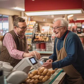 Cashier smiling while helping a senior customer with their purchase. - Image 2