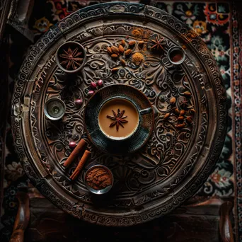 Cup of chai tea surrounded by cinnamon and cardamom on a wooden table. - Image 1