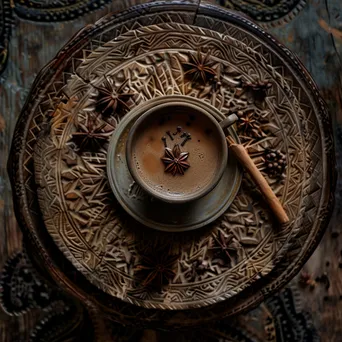 Cup of chai tea surrounded by cinnamon and cardamom on a wooden table. - Image 3