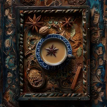 Cup of chai tea surrounded by cinnamon and cardamom on a wooden table. - Image 4