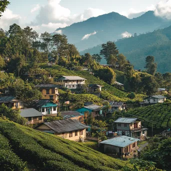 Village scene at the foot of a tea-covered mountain - Image 3