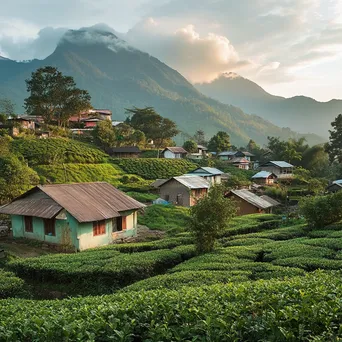 Village scene at the foot of a tea-covered mountain - Image 4