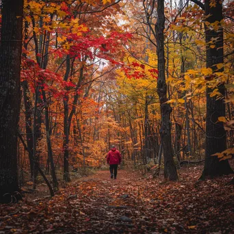 A hiker in a red jacket on an autumn forest trail - Image 1