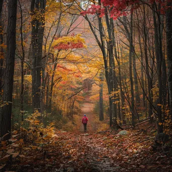 A hiker in a red jacket on an autumn forest trail - Image 2