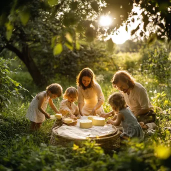 Family gathering outdoors with children learning to make butter from an elder in natural surroundings - Image 2