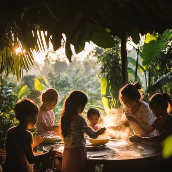 Family gathering outdoors with children learning to make butter from an elder in natural surroundings - Image 3