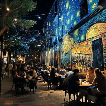 Vibrant night café scene, the mood enhanced by glow-in-the-dark murals on its walls - Image 2