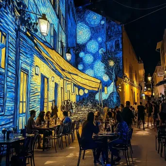 Vibrant night café scene, the mood enhanced by glow-in-the-dark murals on its walls - Image 4