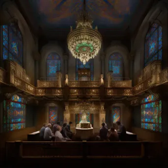 Image of a peaceful synagogue with stained glass windows and worshippers reading from Torah scrolls - Image 1