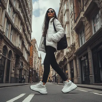 Influencer showcasing designer sneakers on urban street - Image 1