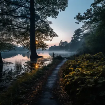 Lakeside trail at dusk surrounded by fog and reflections on calm water. - Image 1